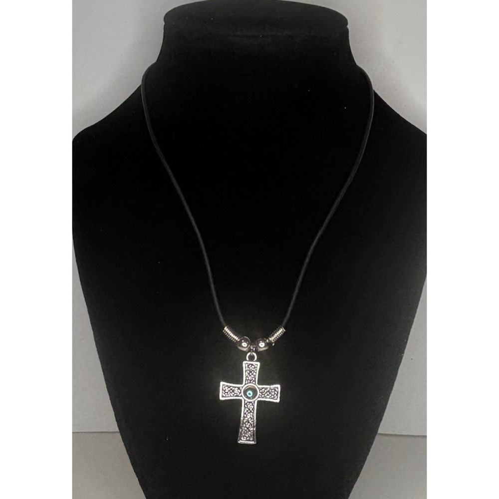 Cross Pendant Necklace 16" AB Rhinestone Silver Tone Black Cord Gothic Y2K